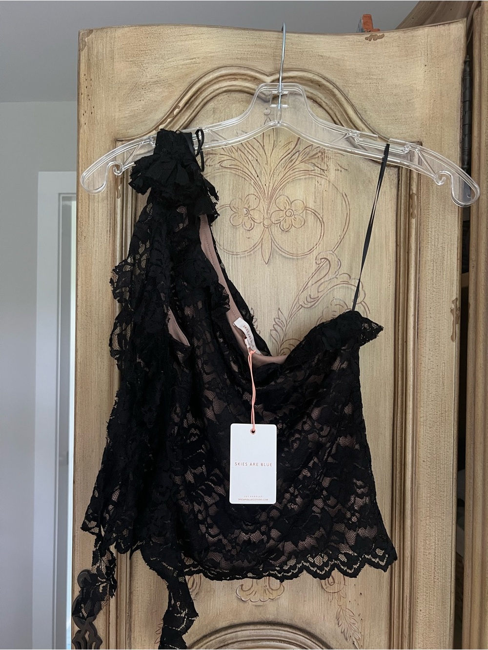 Skies Are Blue Black Lace Off the Shoulder Top with Beige Lining